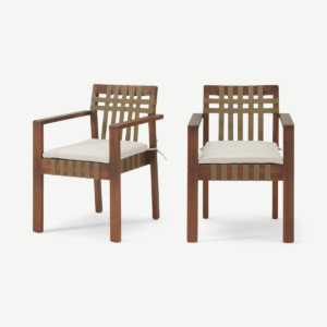 Zambra Set of 2 Garden Dining Chairs, Dark Acacia Wood & Olive Green